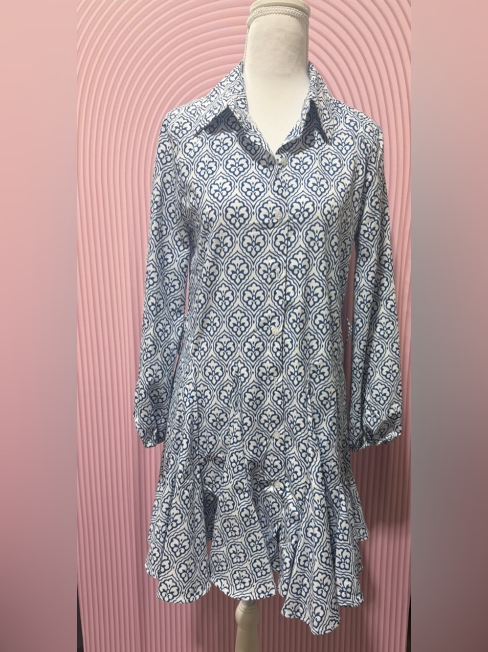 Source Unknown White and Navy Patterned Mini Dress